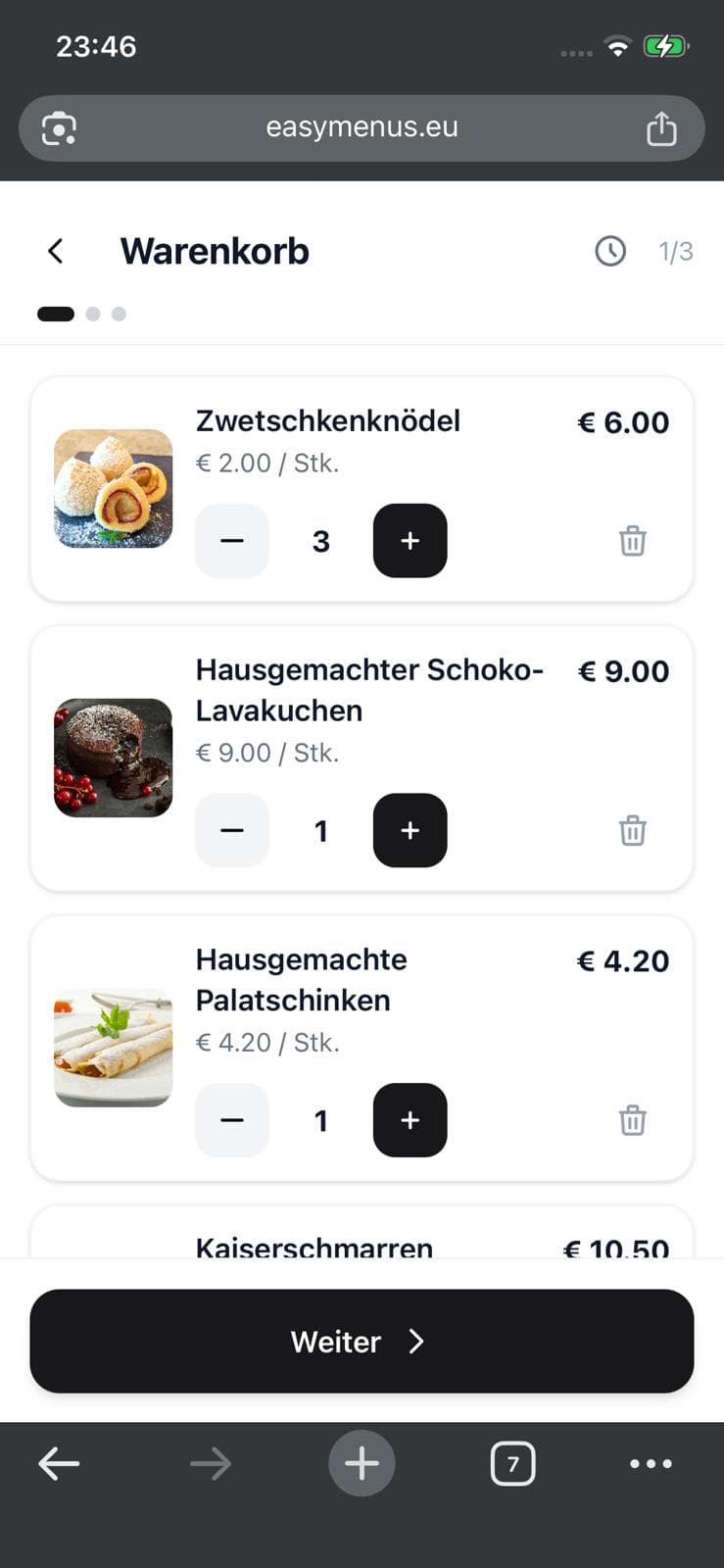 EasyMenus guest journey step 2: Choose items