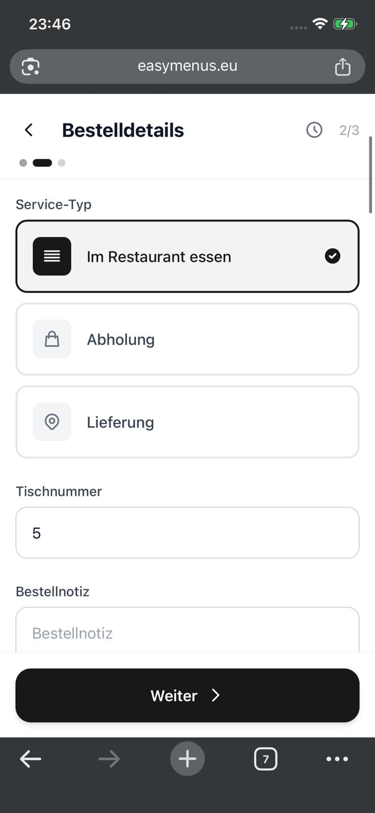 EasyMenus guest journey step 3: Select method