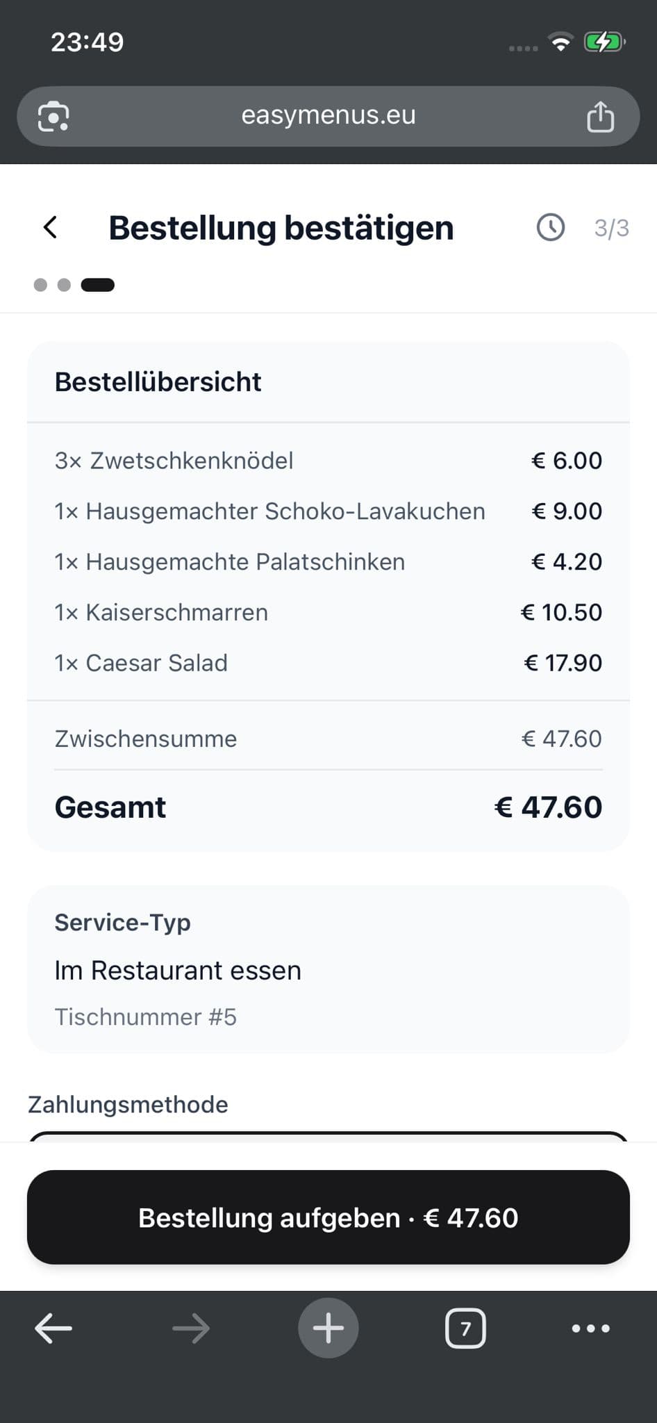 EasyMenus guest journey step 4: Confirm order