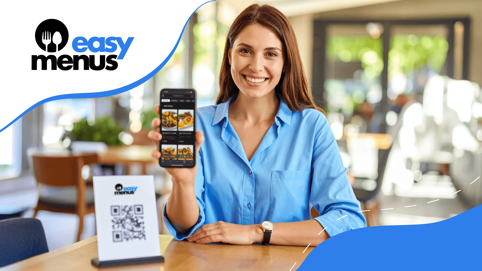 woman holding phone with digital menu