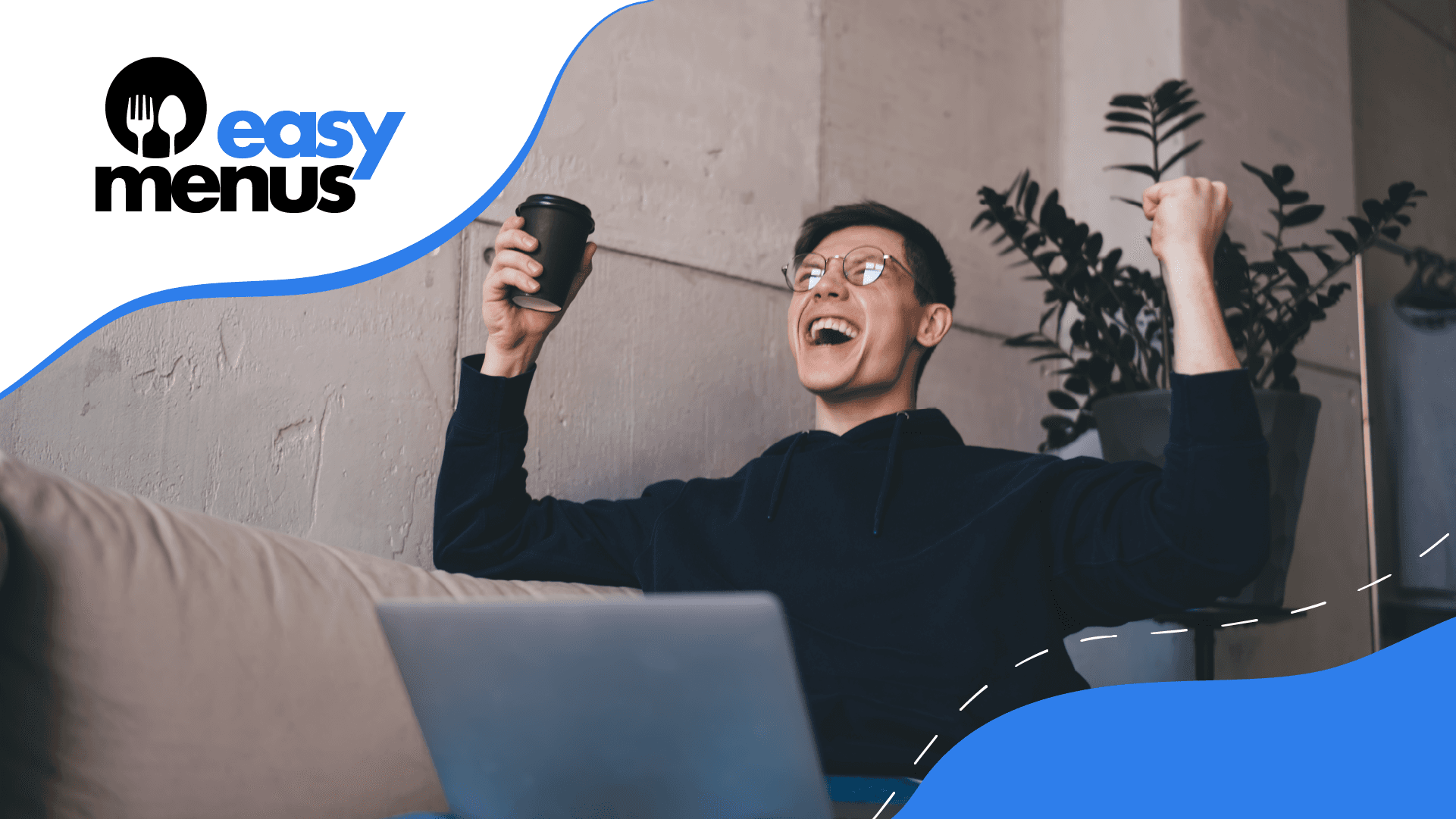 a guy near to the laptop celeberting