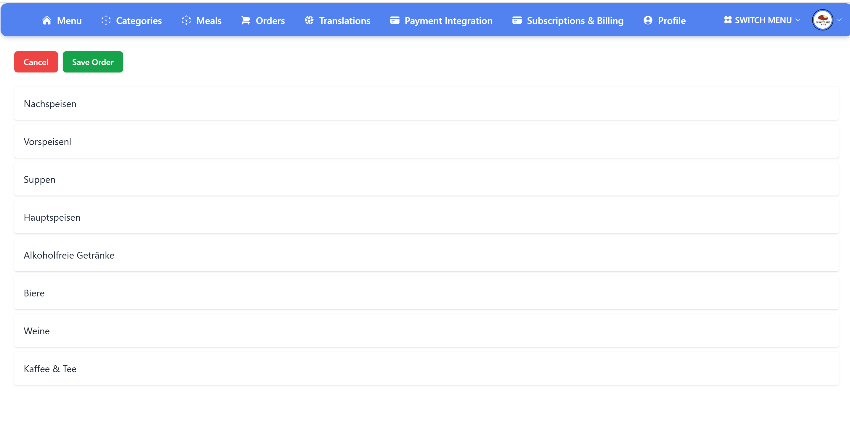 Kategorien neu ordnen - Screenshot