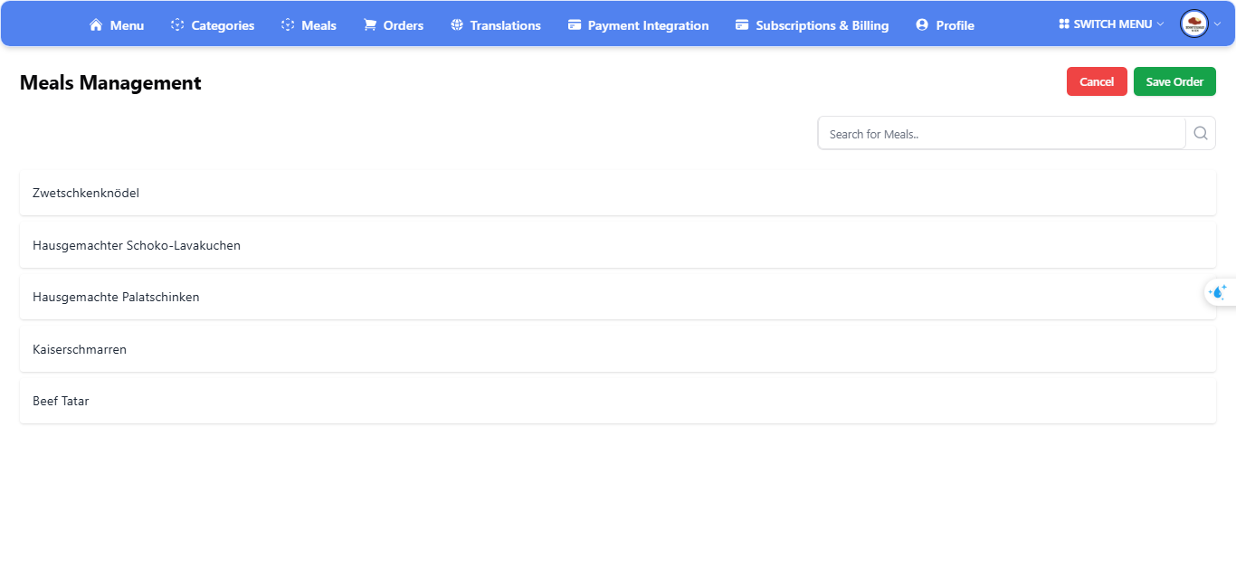 Gerichte neu ordnen (innerhalb einer Kategorie) - Screenshot